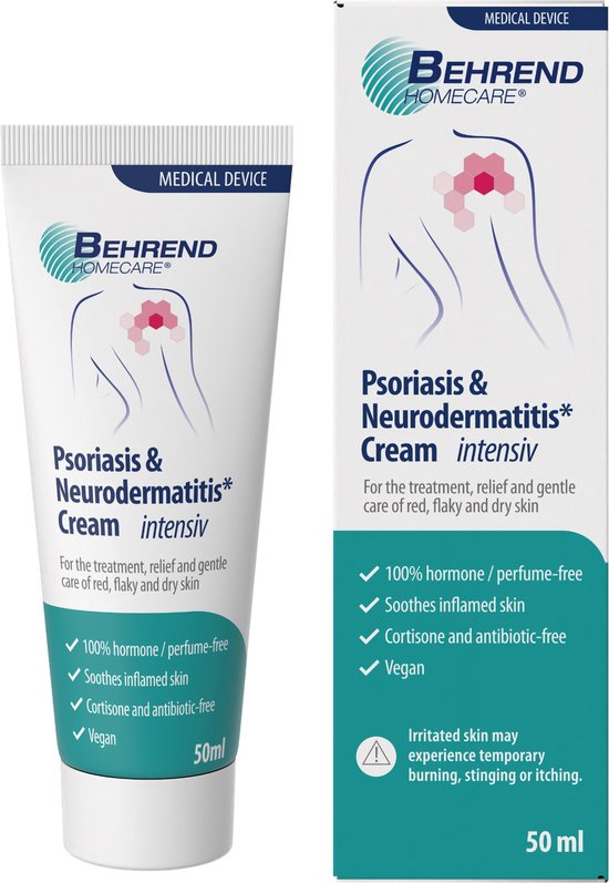Verpakking en tube Behrend Homecare Psoriasis & Neurodermatitis Cream Intensiv, 50 ml. Hormoon- en parfumvrij, cortisone- en antibioticavrij, vegan.