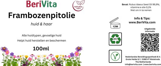 Label van BeriVita Frambozenpitolie: 100ml, met informatie over huid en haar, en een afbeelding van bloemen.