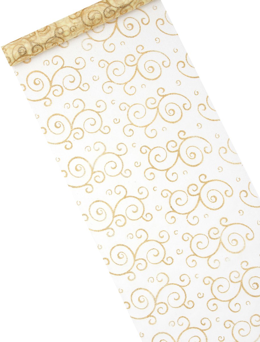 HOBI - Gouden organza tafelloper met glitterarabesken 28 cm x 5 m op rol