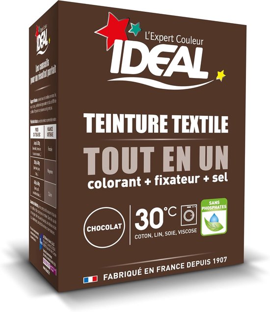 Boîte de teinture textile IDEAL 'Chocolat' Tout en Un, 230g. Affiche la couleur, le symbole de lavage 30°C et les matériaux adaptés.