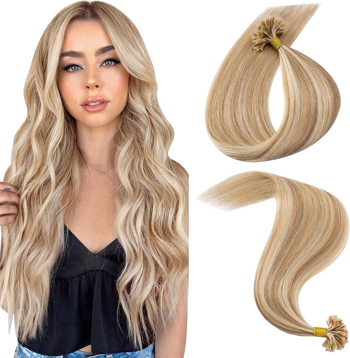 Keratine U-Tip Haarverlenging 40cm 12P613 Goudbruin & Blond, Remy Menselijk Haar