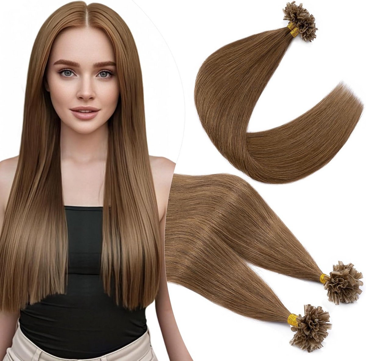 Keratine U-Tip Extensions Menselijk Haar Bondings Lichtbruin Steil 100 Stuks 35 cm