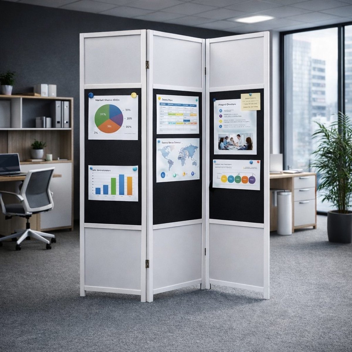 Kamerscherm met Prikbord 180x132cm - 3 panelen zwart wit