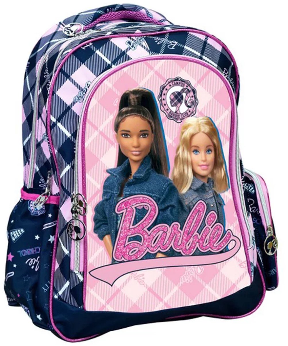 Barbie rugzak voor meisjes - Roze/zwart - Schooltas voor kinderen - 3 grote vakken - 2 zijvakken - Rugtas met glitters -Verstelbare schouderbanden - 46 x 35 x 20 cm