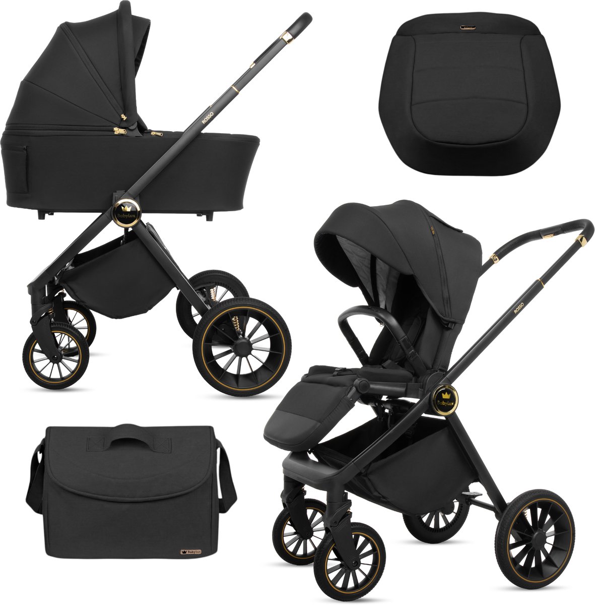 BabyLux® Kinderwagen 2in1 ROSSO, Opvouwbare Lichtgewicht Kinderwagenset Incl. Reiswieg, Buggy Sportzitje, Luiertas En Meer Accessoires, 4 Verstelbare Standen, 0-22kg (0-4 Jaar), Uv-Bescherming 50+