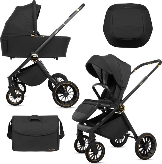 BabyLux® Kinderwagen 2in1 ROSSO, Zwart, Opvouwbare Lichtgewicht Kinderwagenset Incl. Reiswieg, Buggy Sportzitje, Luiertas En Meer Accessoires, 4 Verstelbare Standen, 0-22kg (0-4 Jaar), Uv-Bescherming 50+
