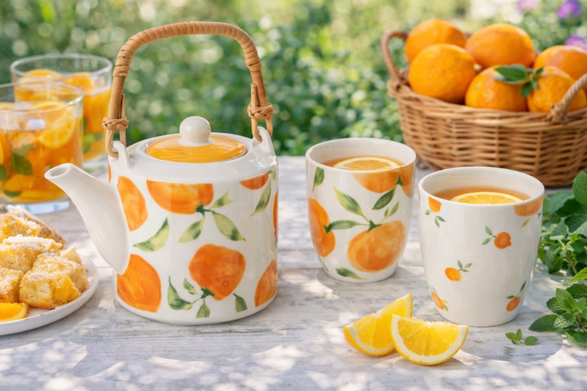 Theepot Kopjes Sinaasappel - Keramiek Wit/Geel - 600 ml