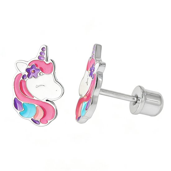 La Rosa Princesa Boucles d'oreilles licorne fille – Acier 316L couleur argent Fermeture à vis