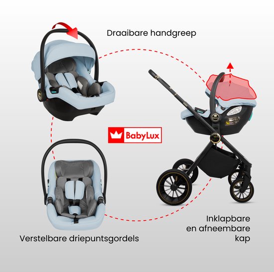 BabyLux® Kinderwagen 3in1 Set ROSSO, Opvouwbare Lichtgewicht Kinderwagenset Incl. Reiswieg, Buggy, I-Size Baby-Autostoeltje, Luiertas En Meer Accessoires, 4 Ligstanden, 0-22kg, Uv-Bescherming 50+ van BabyLux — afbeelding 2