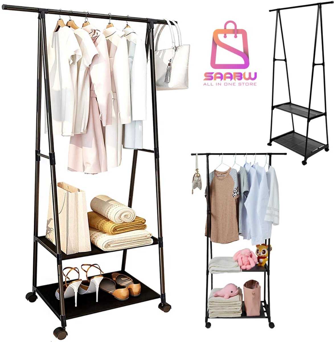 Kledingrek op Wielen met 2 Planken – Kledinghanger Standaard – Garderoberek – Schoenenrek – Kapstok – Voor Slaapkamer, Hal en Badkamer – Zwart – 58900