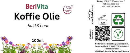 Label van Berivita Koffie Olie voor huid & haar, 100ml. Met bloemen en recycle-symbolen.