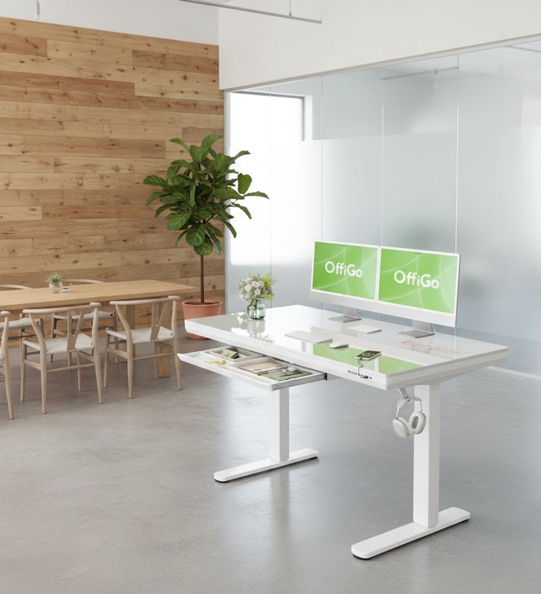 Premium Elektrisch Verstelbaar Glazen Bureau – Sta-Zit Bureau 120x60 cm met Lade, USB & Type-C Oplaadpoorten, Modern Design voor Thuiswerk, Kantoor en Gaming – Hoogte 72-118 cm House&Garden