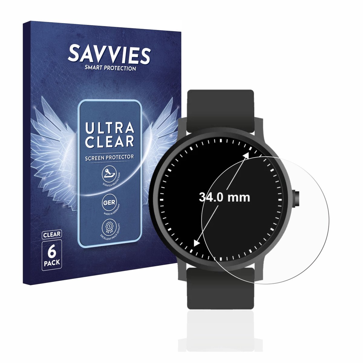 Savvies - Screenprotector voor Horloges (Rond, ø: 34 mm) - Folie Beschermfolie transparant 6 Stuks