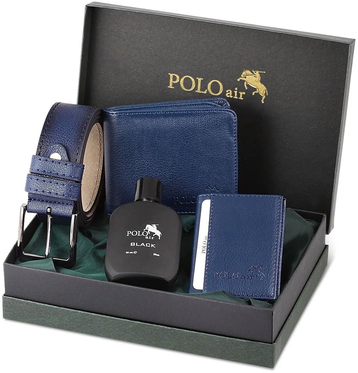 Jungengel Polo Air Cadeau set voor Mannen - 4-delig - Riem Portemonnee Pasjeshouder en Parfum 50ml - Luxe Geschenkset Navy Blauw