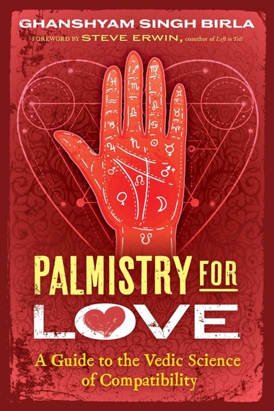 Boek kaft met een rode handpalm met symbolen en de titel "Palmistry for Love: A Guide to the Vedic Science of Compatibility".