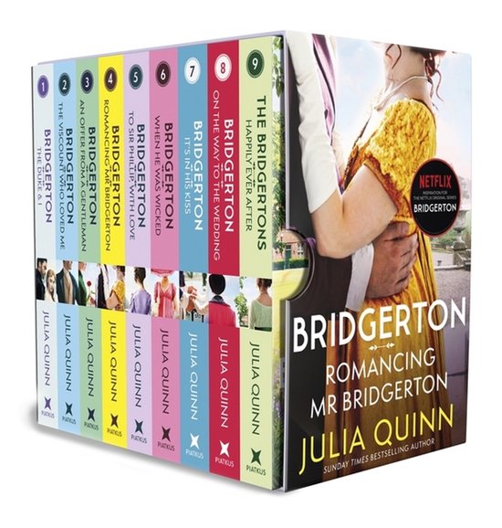 De complete Bridgerton-serie, negen boeken in regenboogkleuren, met Julia Quinn's naam en de titels.