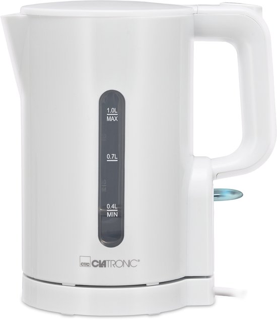 Witte Clatronic waterkoker met een capaciteit van 1 liter en een waterniveau-indicator.