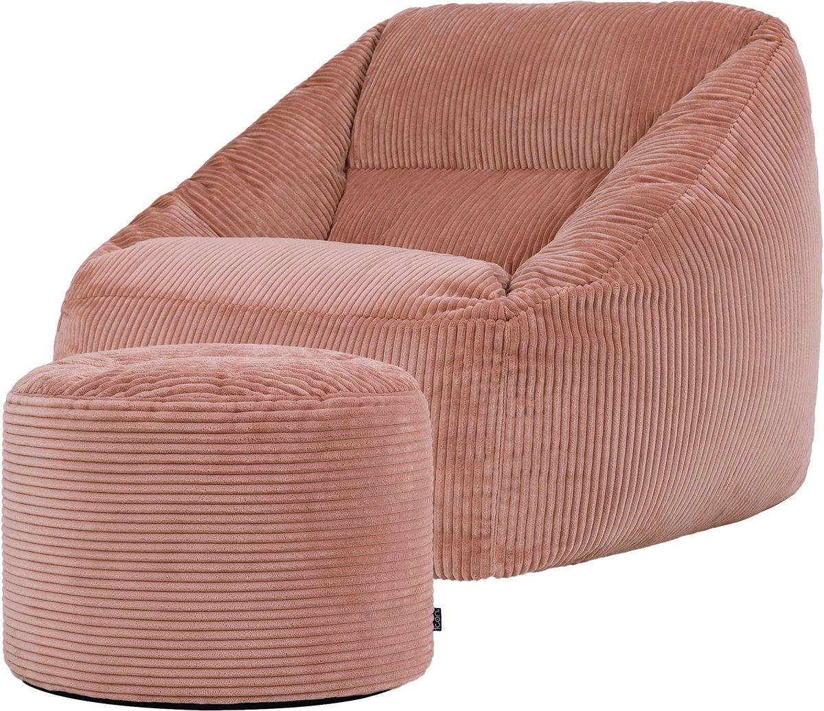icon - Natalia XL Zitzak Fauteuil met Ronde Poef - Ribfluweel - Roze