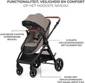 Beige Kinderkraft kinderwagen met afneembare beugel, 5-puntsgordel en grote boodschappenmand.