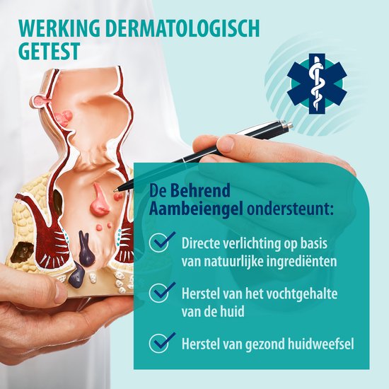 Main tenant un modèle anatomique de l'anus et pointant vers le modèle avec un stylo, avec le texte 'Efficacité testée dermatologiquement'.