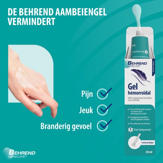 Main appliquant le Gel hémorroïdaire Behrend, avec texte 'Douleur', 'Démangeaisons', 'Sensation de brûlure' et flacon de gel.
