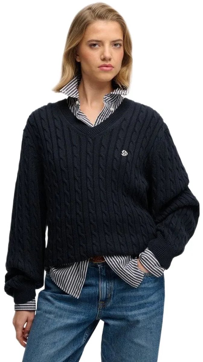Superdry Oversized V-hals Kabeltrui Dames Sweaters Marineblauw