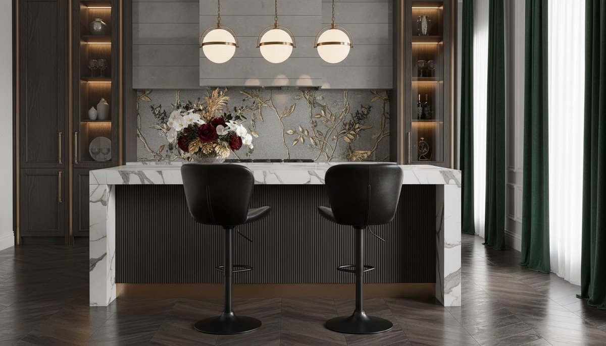 Barkruk Set van 4 – Verstelbare Barstoelen met Rugleuning en Voetensteun, 360° Draaibaar, PU-Leren Zitting, Luxe Comfort Barstoelen voor Keuken, Eiland, Bar en Eetkamer – Zwart | House&Garden