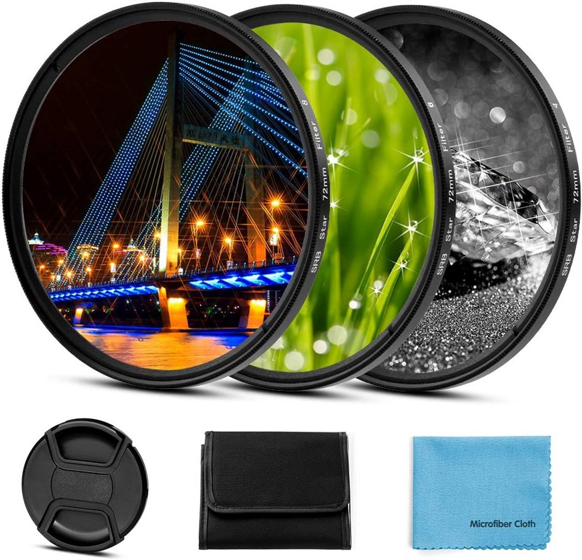 Set van 3 Sterfiletters (4, 6, 8 Punten) 55mm voor DSLR Camera's met Lensdop en Opbergtas