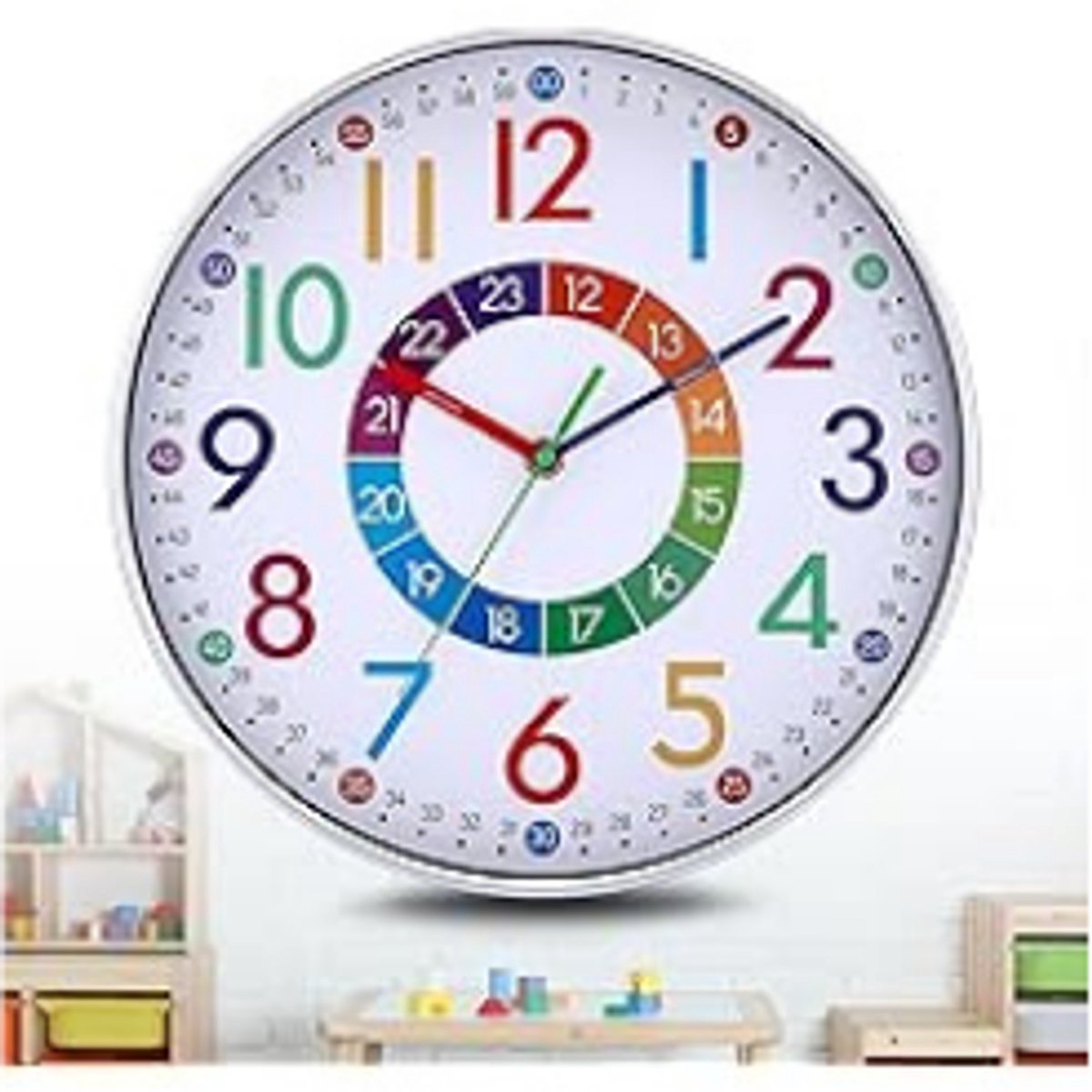 Klok-Wandklok -Wandklok voor het leren van de tijd- 30 cm- voor kinderkamer- kleurrijke cijfers-creatief en gemakkelijk te lezen.