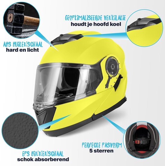 Gele systeemhelm met focus op ABS buitenschaal, EPS binnenschaal, ventilatie en pasvorm.
