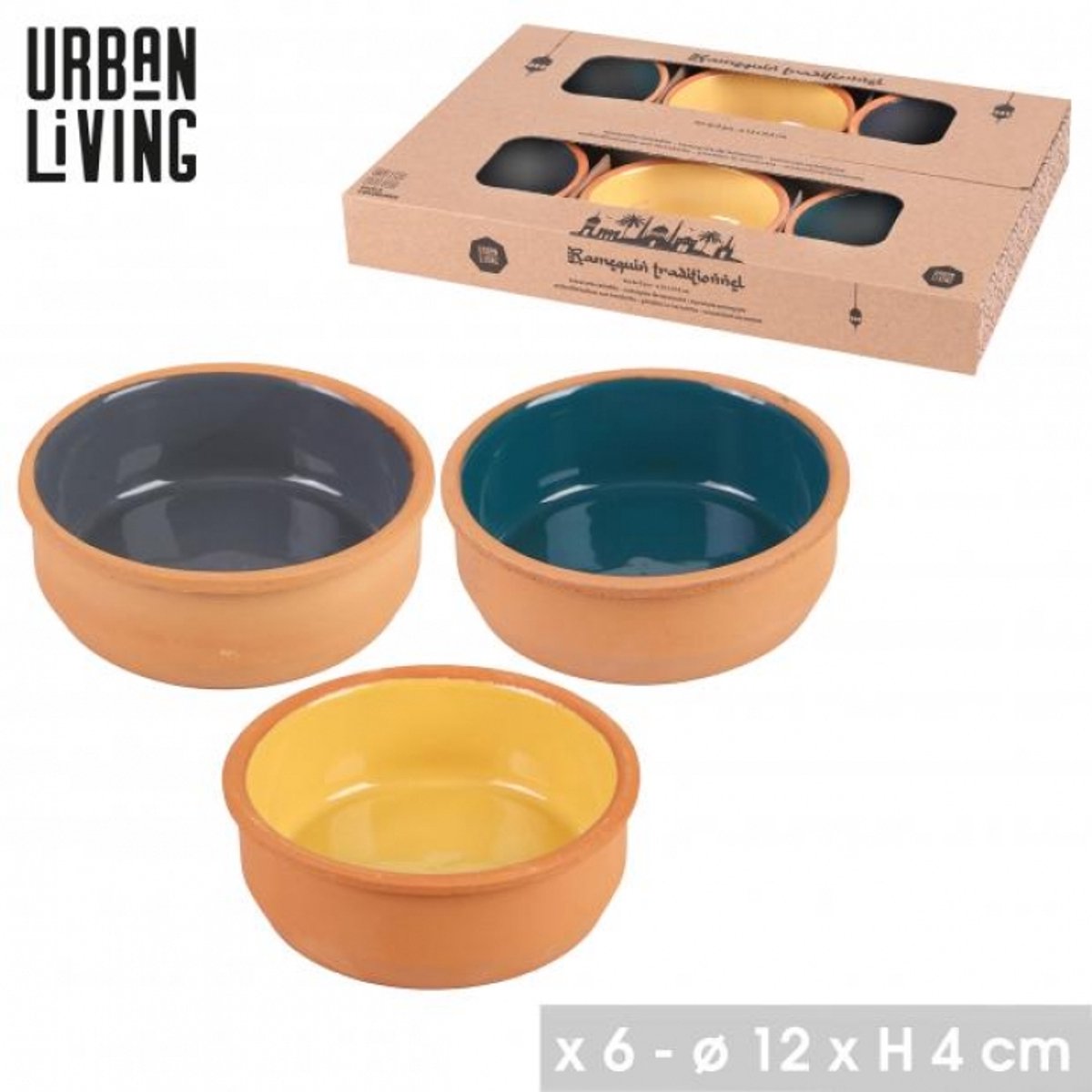 "TERRACOTTA" TERRINE VAN GEBAKKEN KLEI X6 STUKS, 3 KLEUREN, DIAM. 12CM X H4CM