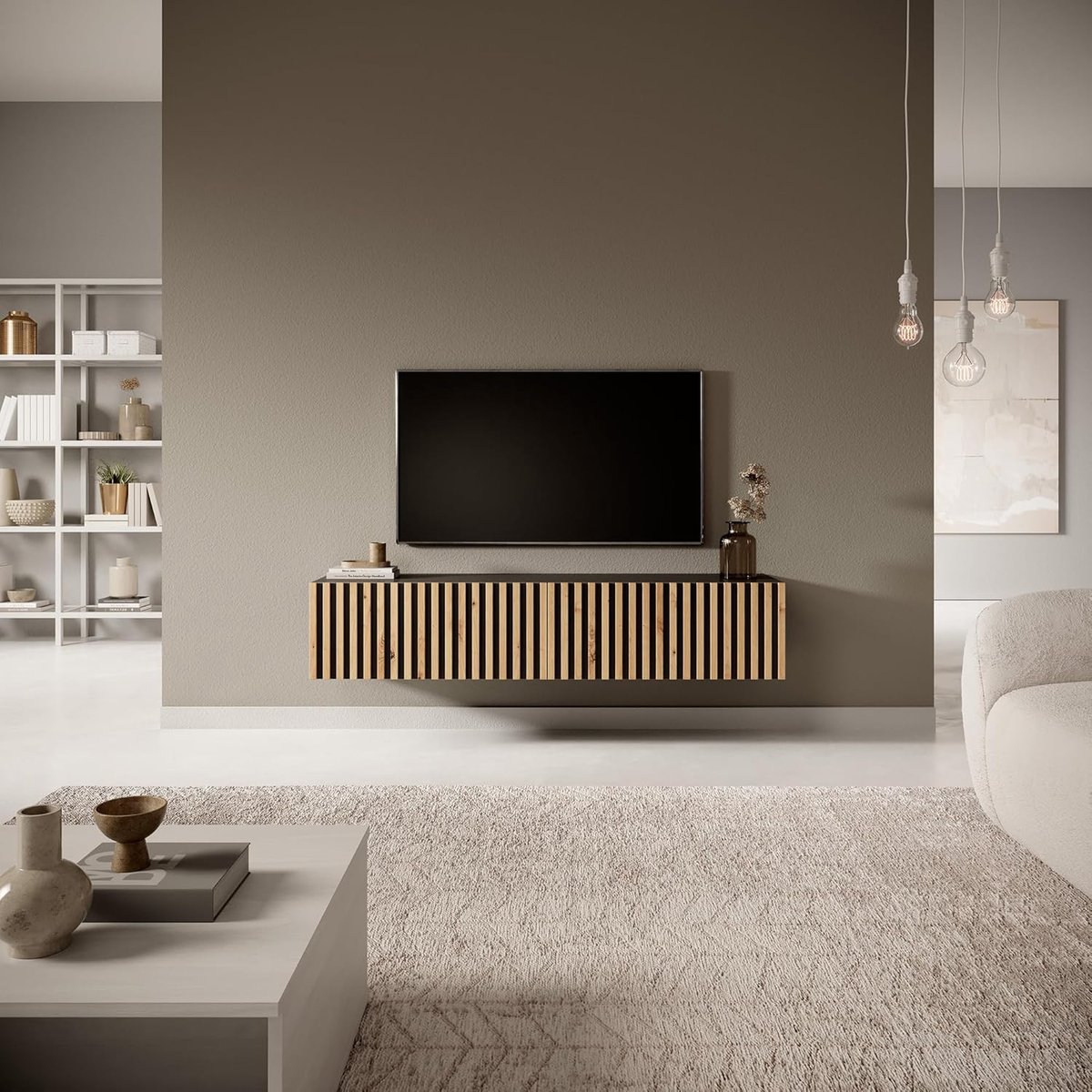 Hangende TV-kast 138,6 cm met opbergruimte | Minimalistisch design, mat zwart, gelamineerd front | Pauwhome