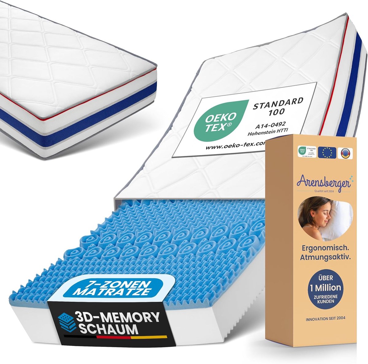 Arensberger matras 90 x 200 cm - RELAXX Gel Matras – 7-Zone Omkeerbaar Koudschuim Matras met 3D Memory Foam, H4/H3/H2 Gemengde Hardheid en Optimale Drukverlaging - Matras 90 x 200 cm x 25cm