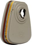 Achterzijde van een ABE1-filter met beige plastic omhulsel, een zeshoekige opening en gele, rode en grijze banden.