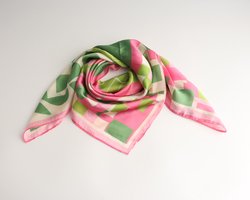 Camicia Bandana Dames – Geometrisch Sjaaltje 70x70 cm – Roze/Groen Colorblock – Immitatie Satijn
