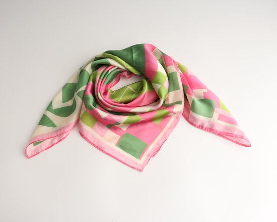 Camicia Bandana Dames – Geometrisch Sjaaltje 70x70 cm – Roze/Groen Colorblock – Immitatie Satijn