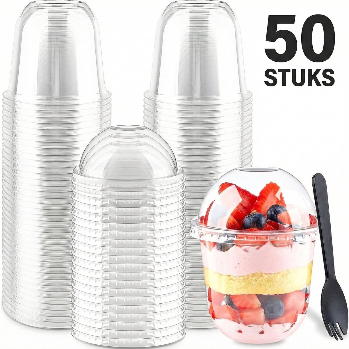 Somstyle Herbruikere Dessertbekers - 50 Stuks - Met Deksel & Lepel - Dessert Kommetjes Kunststof - 360 ML - Transparant