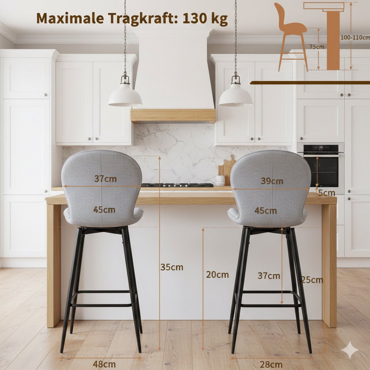 Barkrukken Set 2er – 75 cm Sitzhöhe, 360° Drehbar, Gepolsterter Stoff & Metall Barstuhl mit Rückenlehne für Küche, Bar, Essbereich & Wohnzimmer – House&Garden Grau