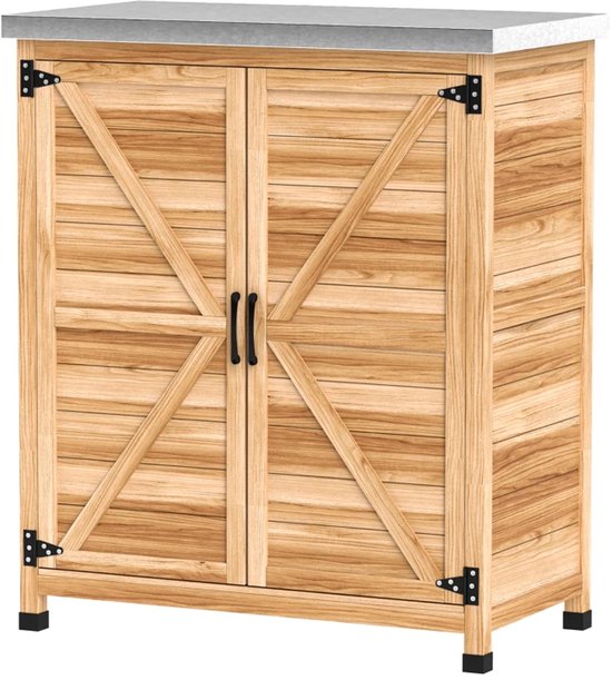 Tuinkast Hout - Buitenkast - Opbergkasten - Tuinhuis - Tuinschuur - met Werkblad en Planken - Gereedschapskast - Tuinberging - Weerbestendig - voor Buiten, Tuin & Balkon - Sparrenhout - Gegalvaniseerd Staal