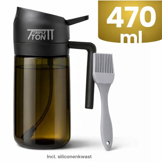 Huileur et vaporisateur d'huile d'olive 470 ml – 2 en 1 avec pinceau en Siliconen – Flacon en Verres vert foncé – Vaporisateur d'huile pour Cuisine, pâtisserie et BBQ – Convient pour l'huile d'olive et le vinaigre – Zwart