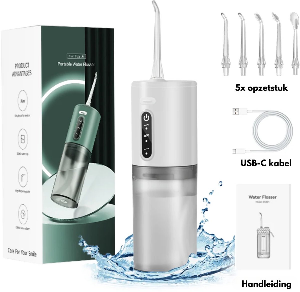 Waterflosser - Neusdouche - Monddouche - Tongschraper - Tongreiniger - Flosapparaat - 5 opzetstukken - 3 standen - Tandplak verwijderaar - Tongreiniger - Beugel schoonmaken - Tandplak verwijderen - Tandsteenverwijderaar (WIT)