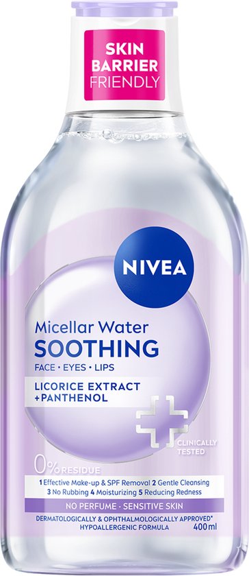 Fles NIVEA Soothing Micellair Water met paars-witte label. 'Skin Barrier Friendly' en 'Clinically Tested' staan op de fles.