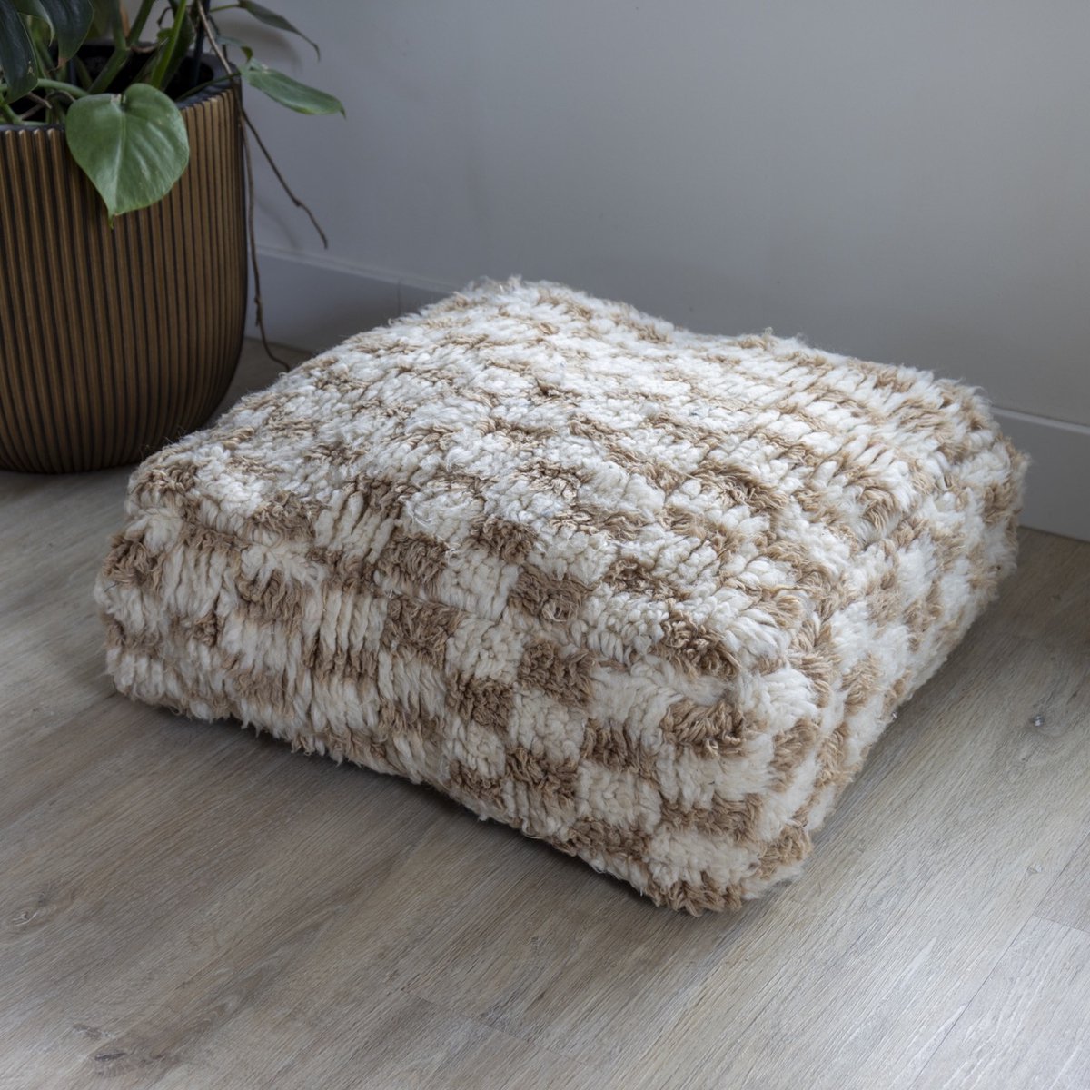 Marokkaanse Poef - Beni Ouarain - Bruin Beige - Dammotief Geblokt - 100% wol - Handmade in Marrakech
