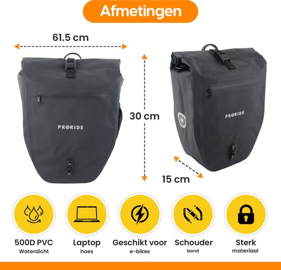 Proride® Enkele Fietstas - 100% Waterdicht - 28 Liter - Pakaftas Elektrische Fietsen - Schoudertas - Inclusief Schouderband en Laptophoes - Bagagedrager - Reflector - Magnetische sluiting - Zwart - Fietszakken van Proride — afbeelding 3