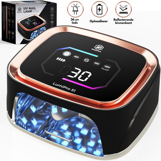 Zwarte en roségouden nagellamp met digitaal display, 36 UV LED's en reflecterende binnenkant.