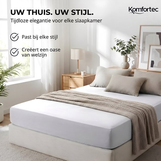Een opgemaakt bed met een wit hoeslaken en een beige plaid. Stijlvol en passend bij elke slaapkamer.