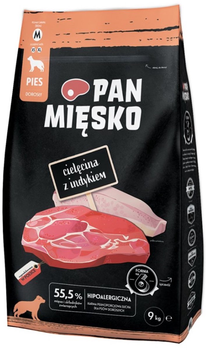 PAN MIĘSKO Pan Mięsko - Hondenvoer - Kalfsvlees met Kalkoen - Maat M - 9 kg - Hypoallergeen & Graanvrij - Voor Middelgrote Rassen