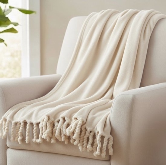 Unique Living - Fleece Plaid Met Franjes - 130x160 - Ivory