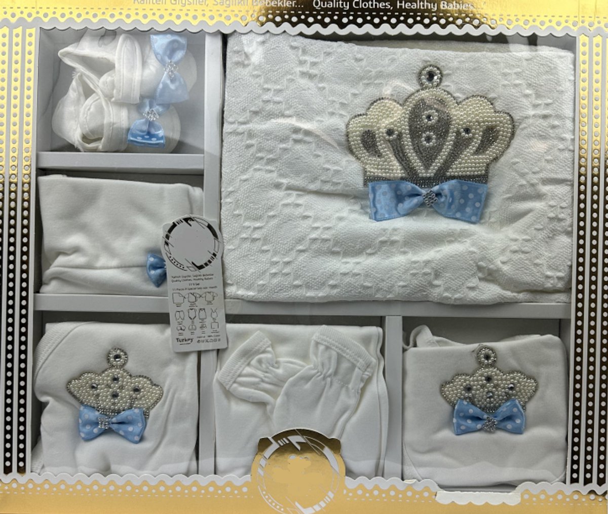 Marco Rossi Luxe 11-delige Baby Cadeauset - Geboorte Set - Gift - Blauw - met Kroon & Parels - Kraamcadeau Jongen & Meisje - 0-4 maanden