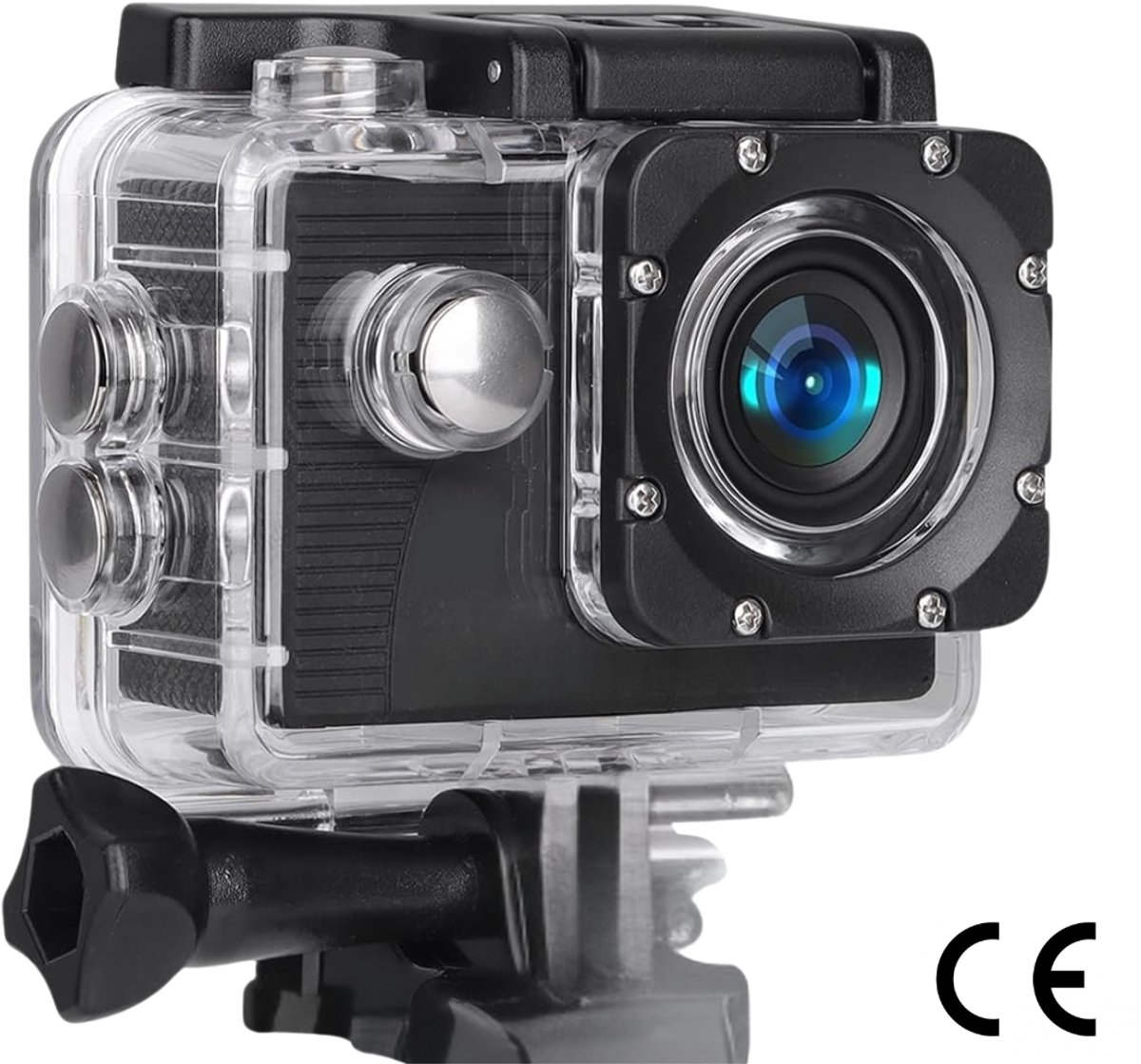 actiecamera met 1080p, 12 MP en groothoeklens, geschikt voor gebruik tot 30 meter onder water, inclusief 2 x 900mAh accu's met grote capaciteit en bevestigingsaccessoires voor helm, fiets, etc.